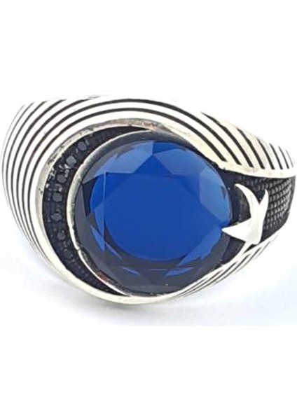 Oniks Taş Detaylı Lacivert zirkon Taşlı 925ayar Gümüş Ay Yıldız Erkek Yüzük fiyatları