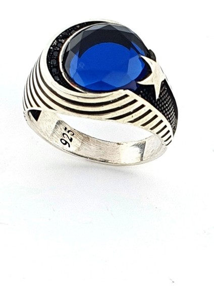 Oniks Taş Detaylı Lacivert zirkon Taşlı 925ayar Gümüş Ay Yıldız Erkek Yüzük modelleri