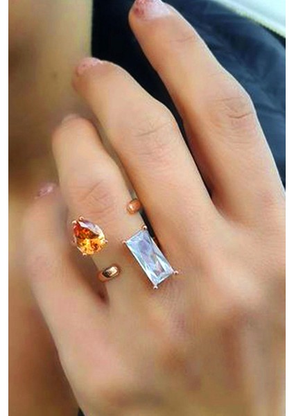Zirkon ve Sitrin Taşlı 925AYAR Gümüş Üzerine Rose Altın Kaplama Ayarlanabilir Tasarım Yüzük