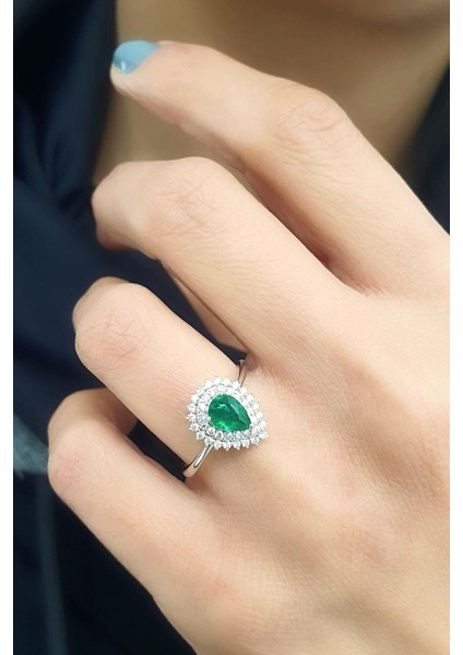 Sky Diamond Green Creative Rubies 925 Ayar Gümüş Damla Yüzük