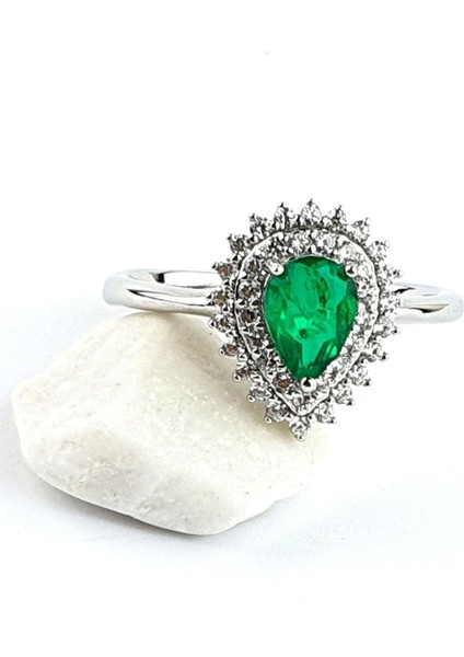 Sky Diamond Green Creative Rubies 925 Ayar Gümüş Damla Yüzük modelleri