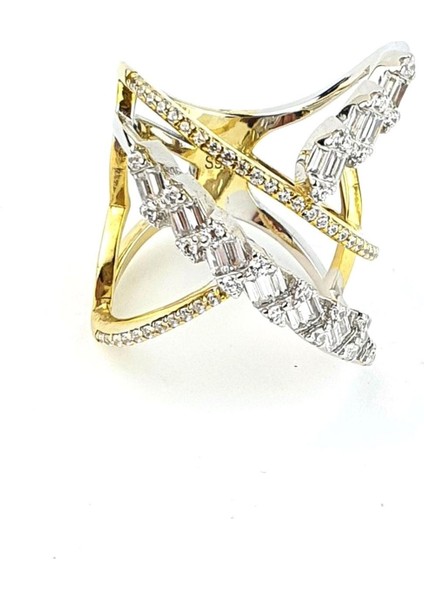 Baget Zirkon Taşlı İtalyan Tasarımı 925ayar Gümüş Üzerine Altın Kaplama Çift Renkli Tasarım Yüzük modelleri