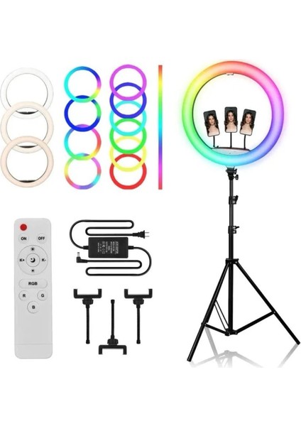 18 Inç Rgb Ring Light- 3 x Telefon Standlı-Çantalı-Kumandalı-Youtuber LED Halka Işık-2 Metre Tripod