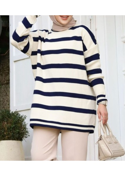 Standart Beden Çizgili Uzun Kollu Triko Tunik modelleri