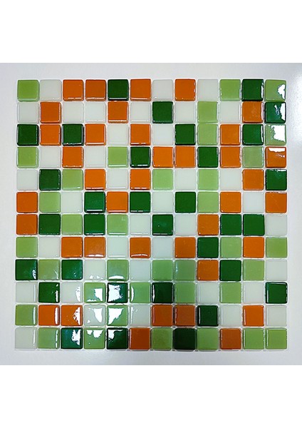 Mutfak Tezgah Arası, Havuz, Banyo, Sauna, Spa - Tüm Ortam Yüzey ve Mekanlar İçin - 25 x 25 mm Yeşil-Beyaz-Turuncu Mix 31.5 x 31.5 cm Fileli Kristal Cam Mozaik