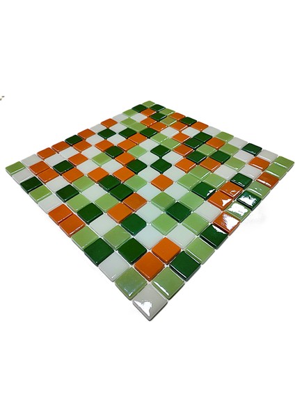 Mutfak Tezgah Arası, Havuz, Banyo, Sauna, Spa - Tüm Ortam Yüzey ve Mekanlar İçin - 25 x 25 mm Yeşil-Beyaz-Turuncu Mix 31.5 x 31.5 cm Fileli Kristal Cam Mozaik fiyatları