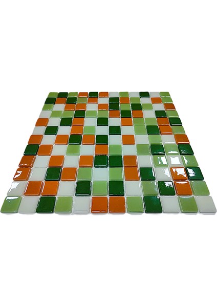 Mutfak Tezgah Arası, Havuz, Banyo, Sauna, Spa - Tüm Ortam Yüzey ve Mekanlar İçin - 25 x 25 mm Yeşil-Beyaz-Turuncu Mix 31.5 x 31.5 cm Fileli Kristal Cam Mozaik modelleri