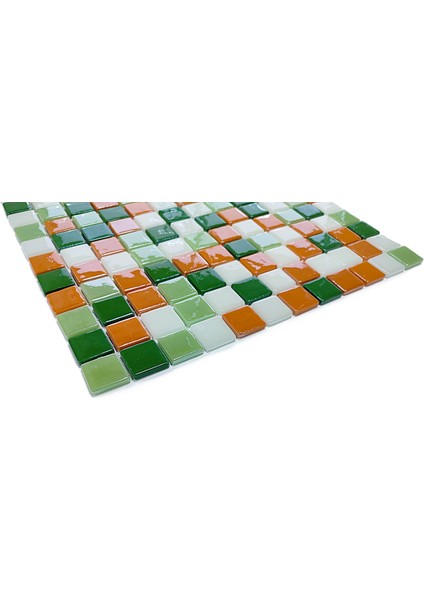 Mutfak Tezgah Arası, Havuz, Banyo, Sauna, Spa - Tüm Ortam Yüzey ve Mekanlar İçin - 25 x 25 mm Yeşil-Beyaz-Turuncu Mix 31.5 x 31.5 cm Fileli Kristal Cam Mozaik fırsatları