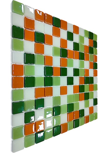 Mutfak Tezgah Arası, Havuz, Banyo, Sauna, Spa - Tüm Ortam Yüzey ve Mekanlar İçin - 25 x 25 mm Yeşil-Beyaz-Turuncu Mix 31.5 x 31.5 cm Fileli Kristal Cam Mozaik indirimleri