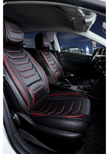 fiat Egea Hb Uyumlu Yarı Deri Oto Koltuk Kılıfı Ön-Arka Set Eyfel Series Siyah-Kırmızı