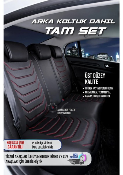 fiat Egea Hb Uyumlu Yarı Deri Oto Koltuk Kılıfı Ön-Arka Set Eyfel Series Siyah-Kırmızı