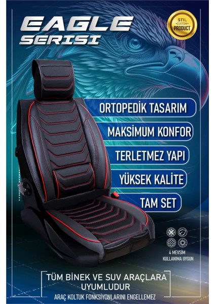 fiat Egea Hb Uyumlu Yarı Deri Oto Koltuk Kılıfı Ön-Arka Set Eyfel Series Siyah-Kırmızı