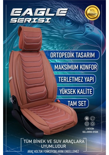 Dodge Nitro Uyumlu Yarı Deri Oto Koltuk Kılıfı Ön-Arka Set Eyfel Series Tarçın