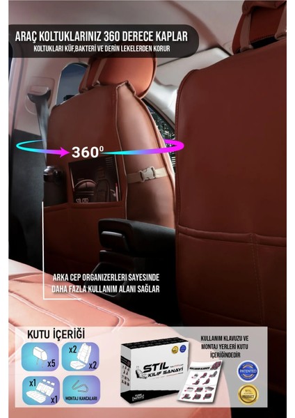 Dodge Nitro Uyumlu Yarı Deri Oto Koltuk Kılıfı Ön-Arka Set Eyfel Series Tarçın