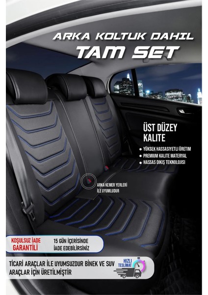 fiat Linea Uyumlu Yarı Deri Oto Koltuk Kılıfı Ön-Arka Set Eyfel Series Siyah-Mavi