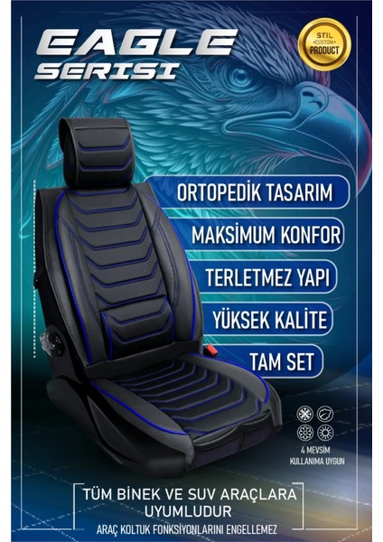 fiat Linea Uyumlu Yarı Deri Oto Koltuk Kılıfı Ön-Arka Set Eyfel Series Siyah-Mavi