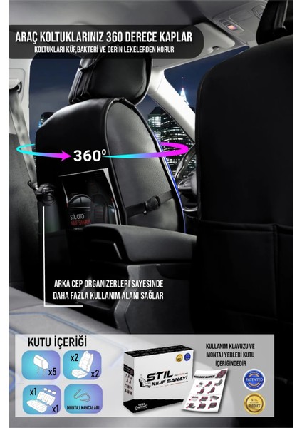 fiat Linea Uyumlu Yarı Deri Oto Koltuk Kılıfı Ön-Arka Set Eyfel Series Siyah-Mavi