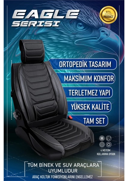 Chery Tiggo Uyumlu Yarı Deri Oto Koltuk Kılıfı Ön-Arka Set Eyfel Series Siyah