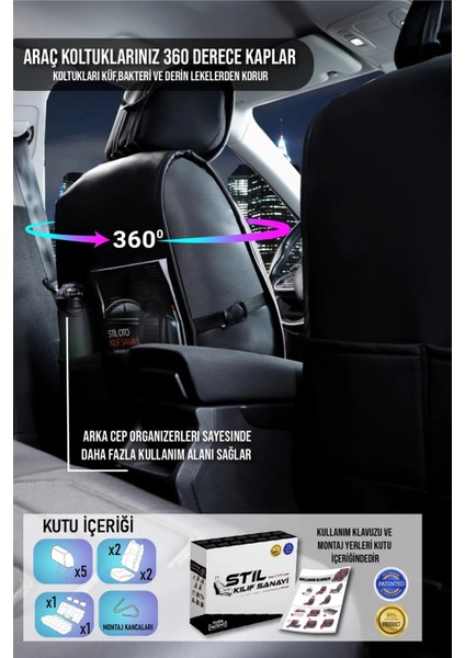 Chery Tiggo Uyumlu Yarı Deri Oto Koltuk Kılıfı Ön-Arka Set Eyfel Series Siyah