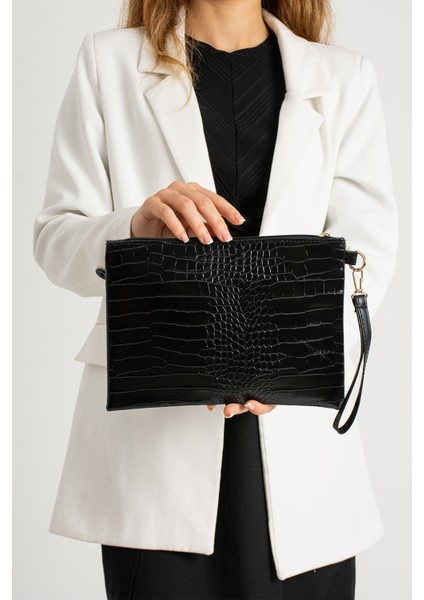 Kroko Desenli El Askılı Portföy Clutch Çanta