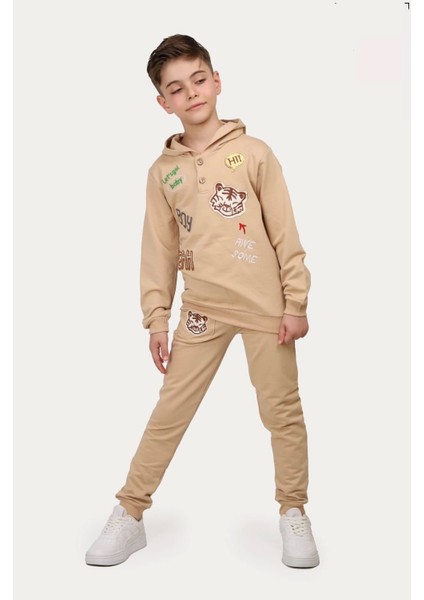 Kapşonlu Boy Kedi Let"s Go Komple Nakışlı Erkek Alt-Üst Takımı
