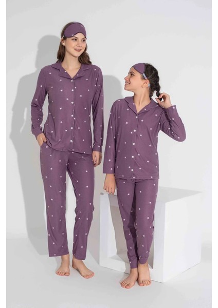 Yeni Sezon Sonbahar/kış Anne / Kız Çocuk Yıldız Desenli Süet Pijama Takımı 2724-10 Lila