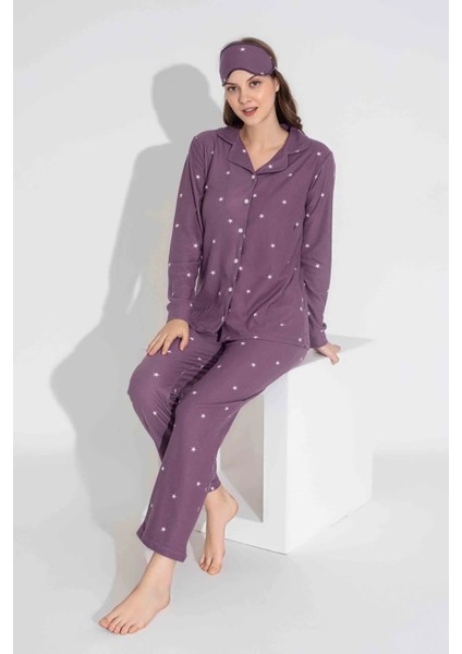 Yeni Sezon Sonbahar/kış Anne / Kız Çocuk Yıldız Desenli Süet Pijama Takımı 2724-10 Lila modelleri