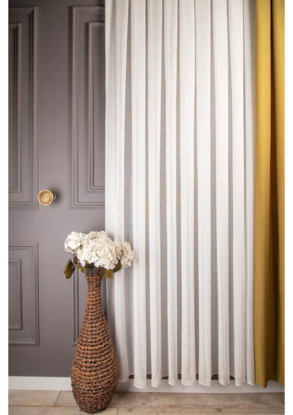 Taç Naturel Keten Tül Perde, 1/2 Seyrek Pile Ekru - 340 x 260 cm