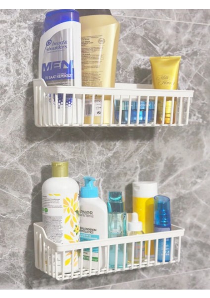 Beyaz Yapışkanlı Banyo Rafı, 2'li Banyo Düzenleyici ,duş Şampuanlık, Plastik BNYRF-SYH03