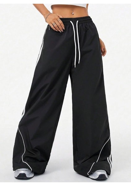 Y2k Siyah Detaylı Unisex Baggy Paraşüt Pantalon