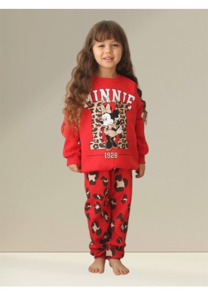 Kız Çocuk Pamuklu Üç Iplik Şardonlu Kırmızı Minnie Desenli Alt Üst Takım