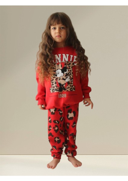 Kız Çocuk Pamuklu Üç Iplik Şardonlu Kırmızı Minnie Desenli Alt Üst Takım modelleri