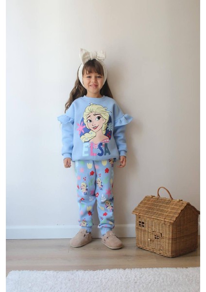 Elsa Baskılı Eşofman-Sweatshirt 3 Iplik Şardonlu Kışlık Kız Çocuk Takım