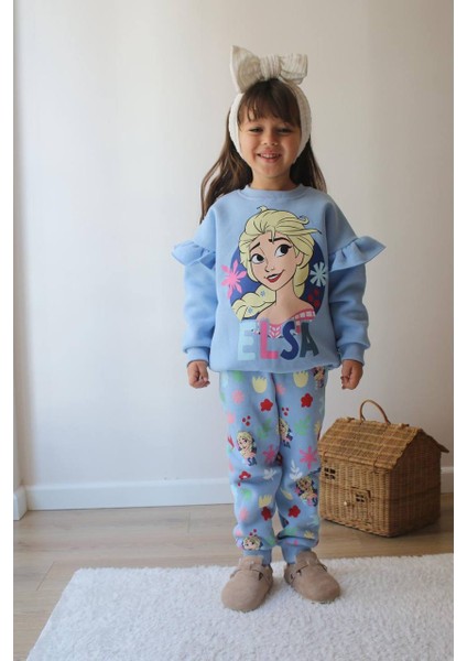 Elsa Baskılı Eşofman-Sweatshirt 3 Iplik Şardonlu Kışlık Kız Çocuk Takım modelleri