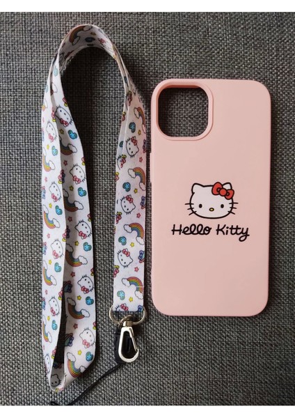 iPhone 14 Pro Max Hello Kitty Tasarım Pembe Lansman Telefon Boyun Askılı Set Kılıf