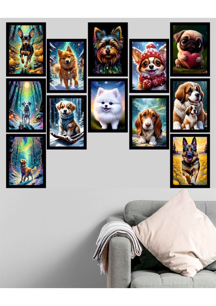 12 Parça Köpek Temalı Çerçeve Görünümlü Mdf Tablo