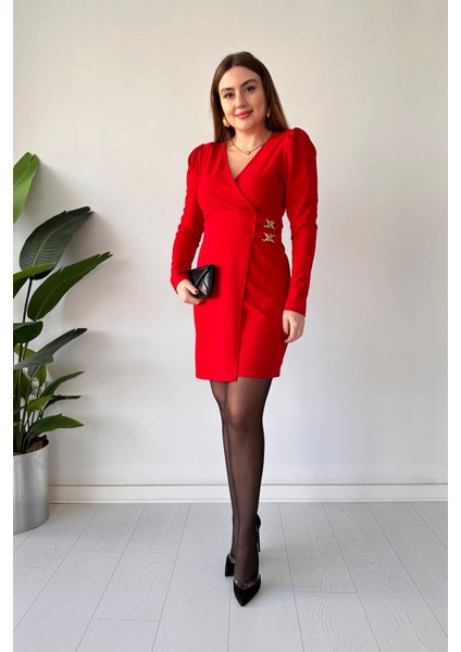 Gold Tokalı Krep Elbise Kırmızı