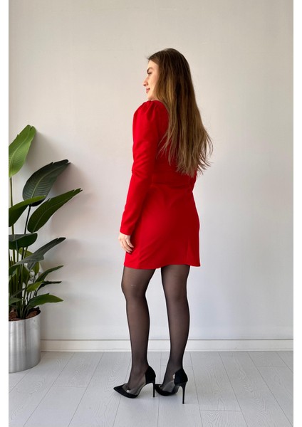 Gold Tokalı Krep Elbise Kırmızı