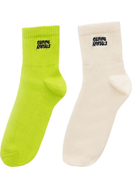 Raining Animals 2'li Açık Renk Paket Pamuklu Unisex Tenis Çorap Logo Nakışlı Krem - Lime Yeşili