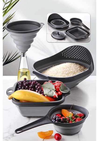 4'lü Akordiyon Katlanır Süzgeç Seti, Gri, Silikon, 3+ Parça, Mutfak ve Çeyiz İçin