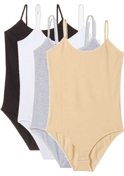 4 Adet Ip Askılı Kadın Çıtçıtlı Body Siyah Beyaz Gri Ten