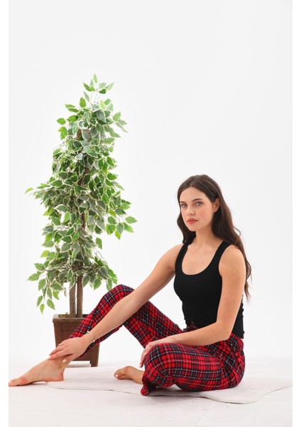 Kadın Ekose Baskılı %100 Pamuk Yumuşak Dokulu Lastikli Bel Relaxed Pijama Altı