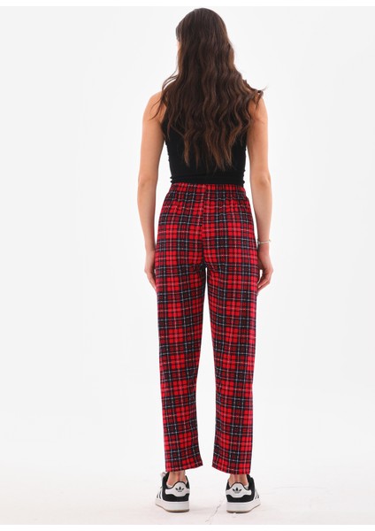 Kadın Ekose Baskılı %100 Pamuk Yumuşak Dokulu Lastikli Bel Relaxed Pijama Altı