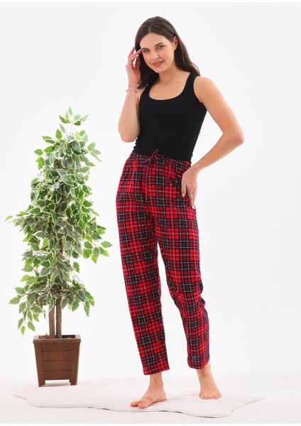 Kadın Ekose Baskılı %100 Pamuk Yumuşak Dokulu Lastikli Bel Relaxed Pijama Altı