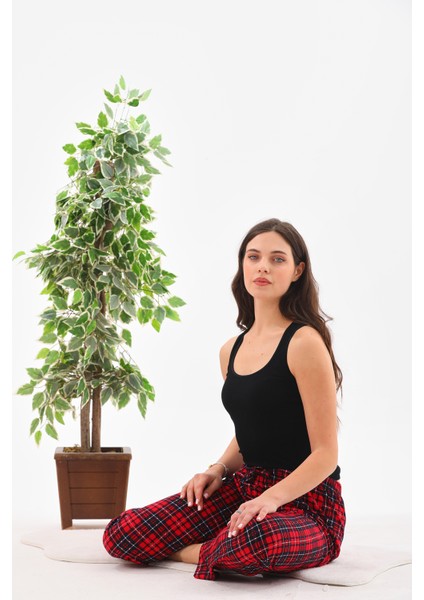 Kadın Ekose Baskılı %100 Pamuk Yumuşak Dokulu Lastikli Bel Relaxed Pijama Altı