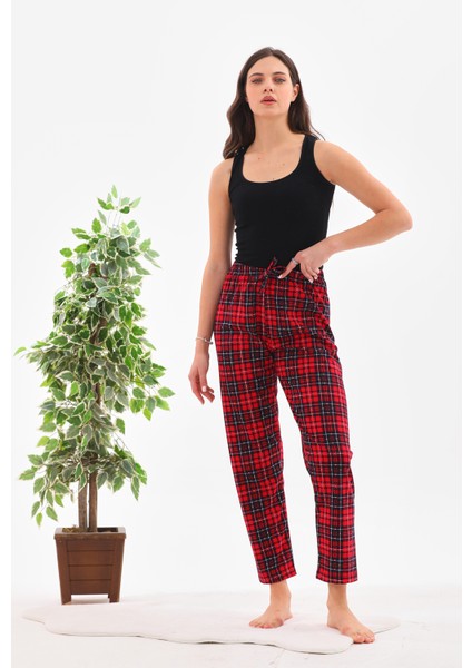 Kadın Ekose Baskılı %100 Pamuk Yumuşak Dokulu Lastikli Bel Relaxed Pijama Altı