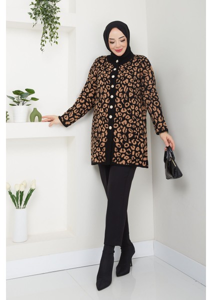 Pamuk Butik Kadın Leopar Triko Hırka -PMK369