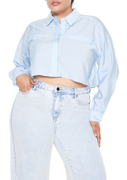 F21 Plus Size Çizgili Crop Gömlek