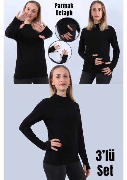 Kadın Boğazlı Parmak Detaylı Uzun Kollu Body 3lü Set