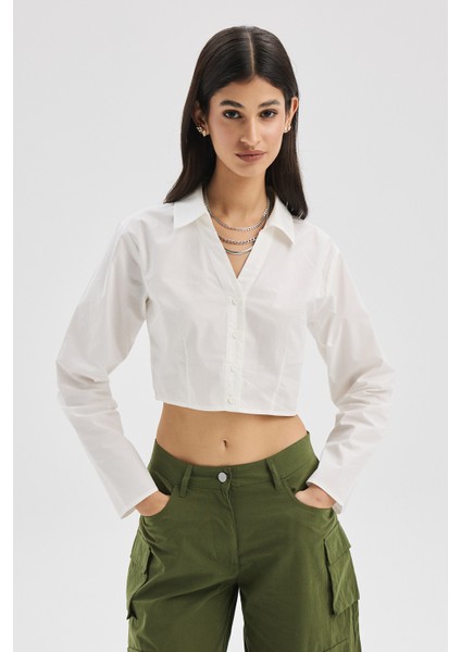 F21 Saten Crop Gömlek